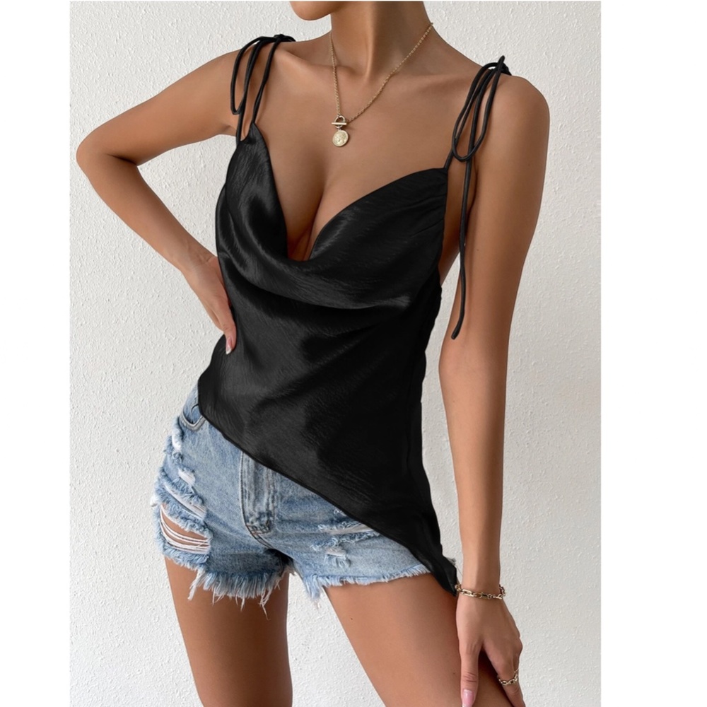 Black Glamorous Cowl Neck Ties Straps Camisole Top Satin - Picture 5 of 10